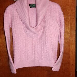 RALPH LAUREN SWEATER 100% CASHMERE SHAWL COLLAR SMALL CABLEKNIT L/S PINK MEDIUM